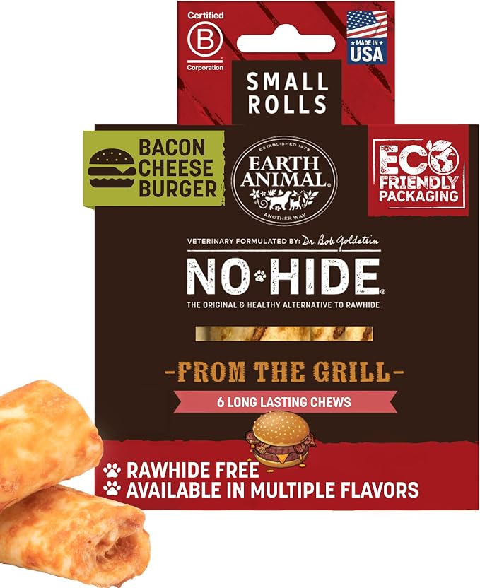Earth Animal No Hide Dog Chews - Small Rolls 6 Count Bacon Cheeseburger | Small Rolls Bacon Cheeseburger Flavored Natural Rawhide Free Long Lasting Dog Chews - Pet Treats for Small Dogs