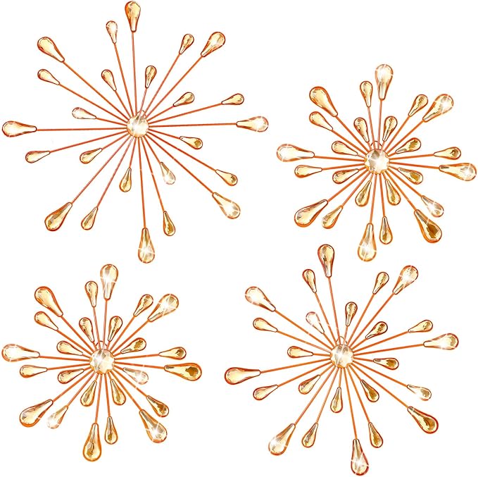 Hicarer 4 Pcs Starburst Wall Decor Bling Wall Art Crystal Teardrop 3D Hanging Rhinestone Radial Metal Artwork Modern Accent Sculptures Decorations for Living Room Home Office Bedroom(Orange)