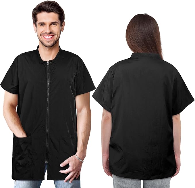 MCEAST 2 Pack Pet Grooming Work Clothes Black Pet Groomer Uniforms with Full Zipper Water Resistant and Anti-Static Pet Smock Clothes Pet Shop Smock Jacket for Women Men Pet Groomer Barber, Medium