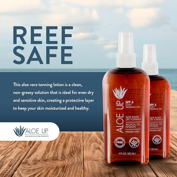 Aloe Up Light Tanning Oil With SPF 6 Sunscreen - Body and Face Tanning for Outdoor Sun - With Pure Aloe Vera Oil and Natural Oils - Absorbs Quickly - Reef Friendly - Fresh Tropical Scent - 4 Oz