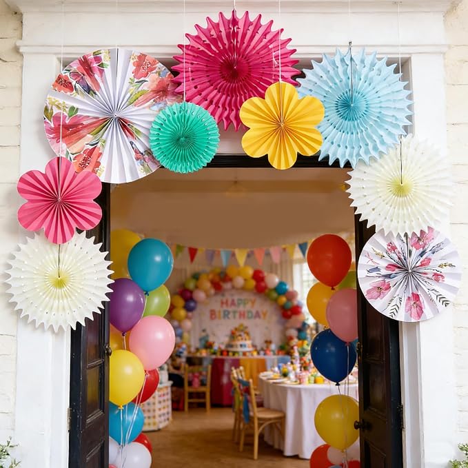 SUNBEAUTY Paper Flowers Decorations for Wall Tea Party Decoration Paper Fans Classroom Decoration Paper Floral Backdrop Decor for Valentines Day Mother's Day and Wedding, Set of 9