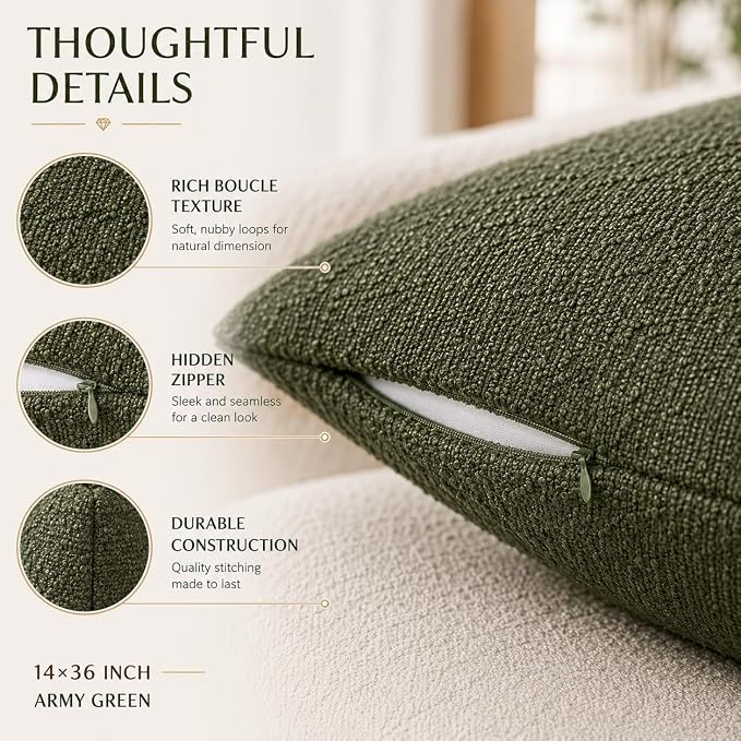 JoraLion 14x36 inch Boucle Lumbar Pillow Cover, Army Green Woven Texture Neutral Long Pillow Cover Breathable Cushion Case for Couch Sofa Bed Living Room Home Decor (Cover Only)