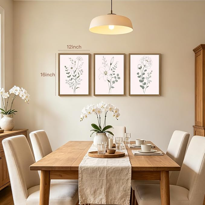 OPFDE Wood Framed Sage Green Botanical Wall Art Set of 3, Minimalist Wildflower Poster Prints, Neutral Floral Line Art Decor, Modern Farmhouse Bathroom Artwork for Living Room Bedroom 16x24 Inch