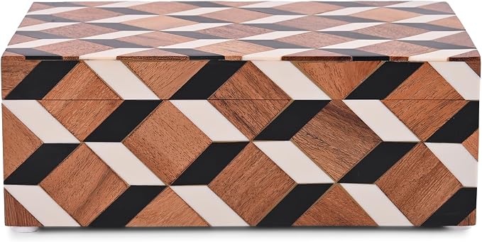 Perilla Home Decorative Wooden Storage Box – Small Organizer for Jewelry, Crafts, Cards & Keepsakes – Clover Design MDF & Resin (Bianco) – Dark Brown & Off White – Gift for Men & Women