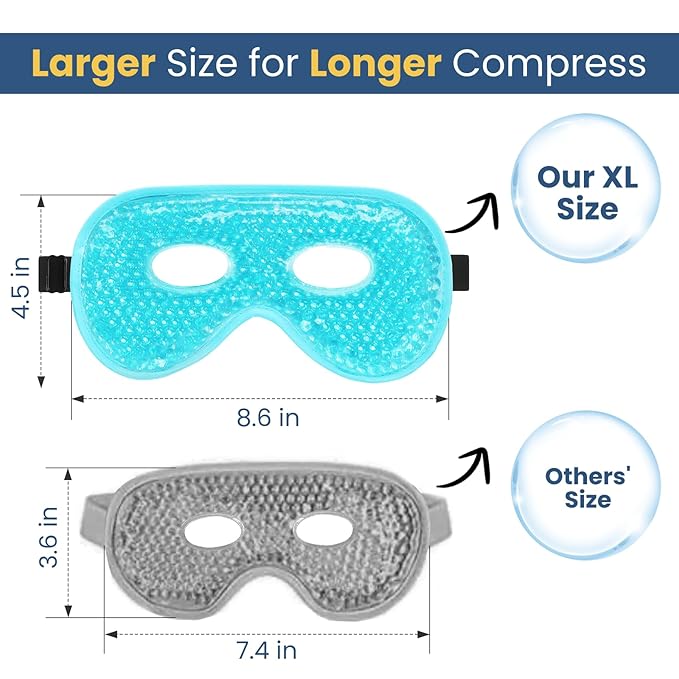 BeeVines Gel Eye Mask, 2 Pack XL Jumbo Size Cooling Ice Masks for Puffy Eyes for Men & Women, Cold & Warm Compress for Post Surgery, Puffiness, Allergies, Sinuses & Migraines Treatment