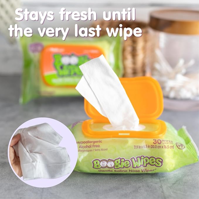 Boogie Wipes Gentle Saline Nose Wipes - 90 Count - Fresh Scent, Hypoallergenic & Alcohol-Free - Allergy Relief - Made with Natural Saline, Aloe, Chamomile & Vitamin E - Diaper Bag Essential