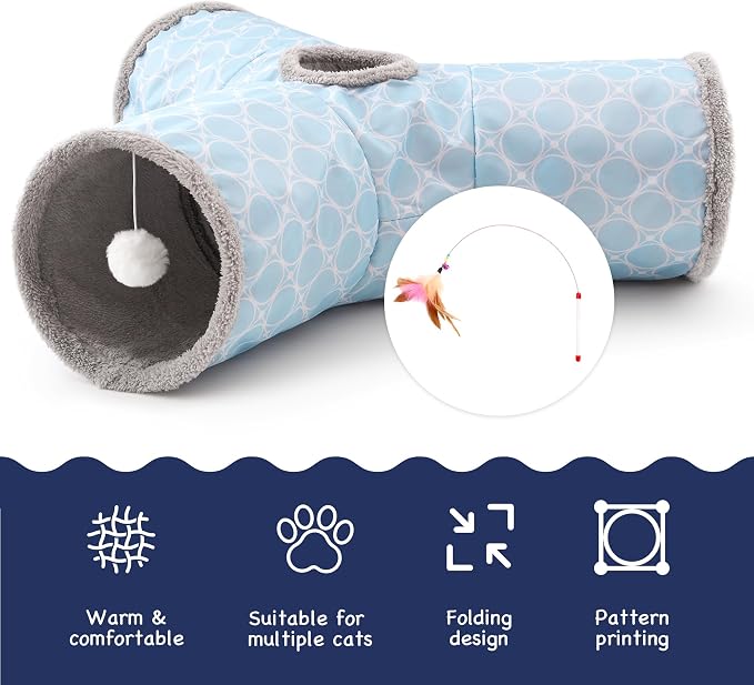 Tempcore Cat Tunnel, 3-Way Collapsible Toy for Indoor Cats, Geometry Blue