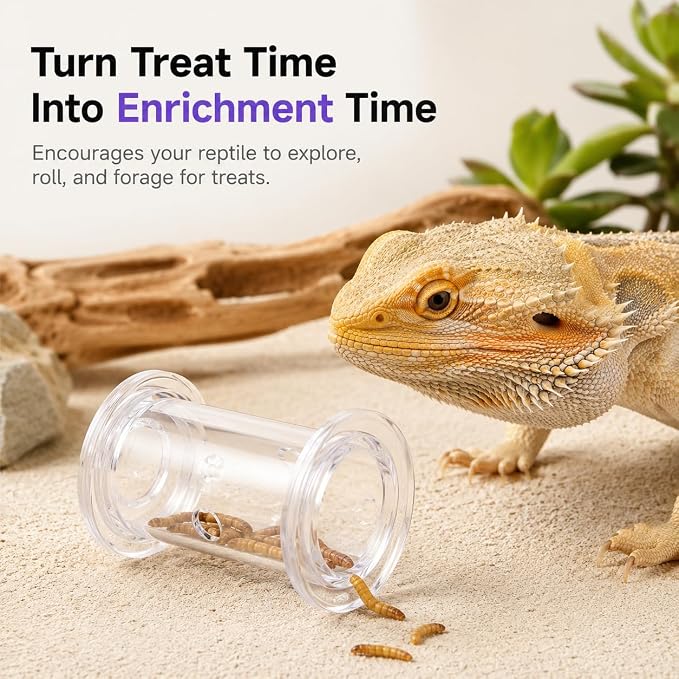 2 Pack Reptile Rolling Feeders with 2 Feeding Tweezers, Transparent Mealworm Treat Dispenser Toy for Bearded Dragons, Leopard Geckos, Lizards and Small Reptiles