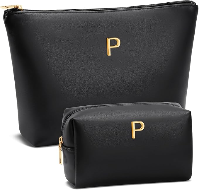 Women Gifts | Initial Makeup Bag for Girl Personalized Gifts for Bridesmaid Friend PU Leather Cosmetic Travel Toiletry Bag(Black,P)
