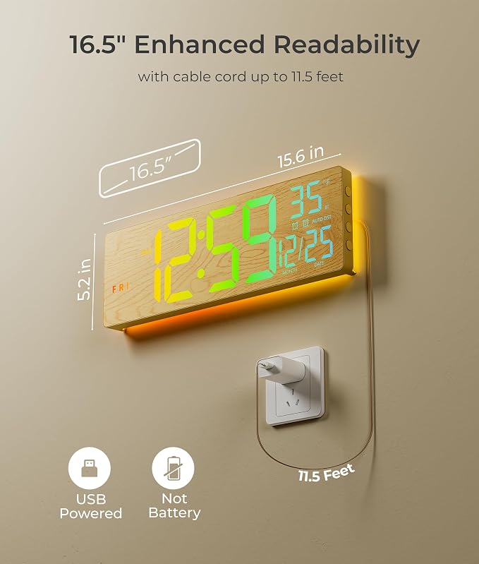 EASYERA 16.5" Large Digital Wall Clock BT Sync, 11 Scenes Mode Beige Clock | Remote Control, Big LED Clock with Dual Alarms, Auto DST, Temperature for Classroom Gaming