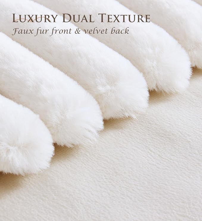 Pack of 2 Throw Pillow Covers 20x12 Decorative Solid Plush Faux Fur with Soft Velvet Back, Square Striped Cushion Cases Modern Farmhouse Home Decor for Living Room Couch Sofa Bed Cream White