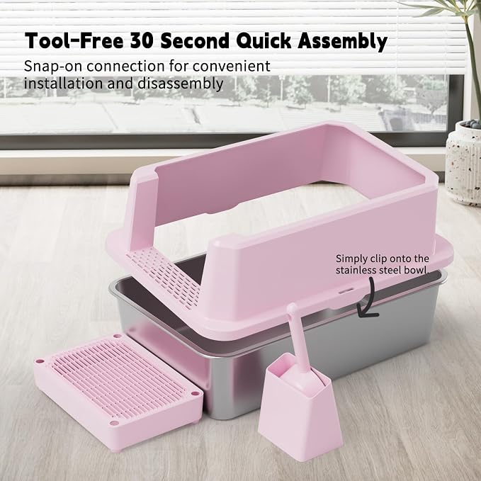 RIZZARI Stainless Semi-Closed Litter Box: High-Sided Open for Large Cats | 304 Stainless Bottom / 6.5" High Splash Guard / Low Front Entry / Spacious for Large Breeds / 30-Second Tool-Free Assembly