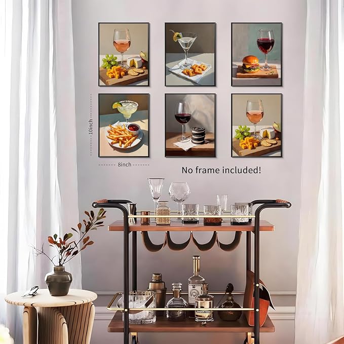 Set of 6 Quirky Cocktail Poster Martini and Cheese Crackers Cocktail Posters Retro Bar Cart Accessories Wall Art Red Wine Canvas Room Decor Pictures for Apartment Dorm Kitchen Unframed 8x10 inch