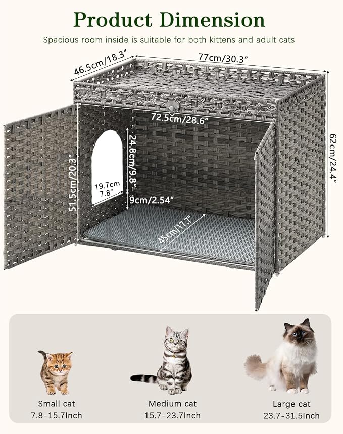 SETVSON Cat Litter Box Enclosure Furniture, Handwoven PE Rattan, Gray | Large Double-Door PE Rattan Kitty House, Fits Large Covered Litter Boxes, 2 Litter Mats, 2 S-Hooks, Metal Frame