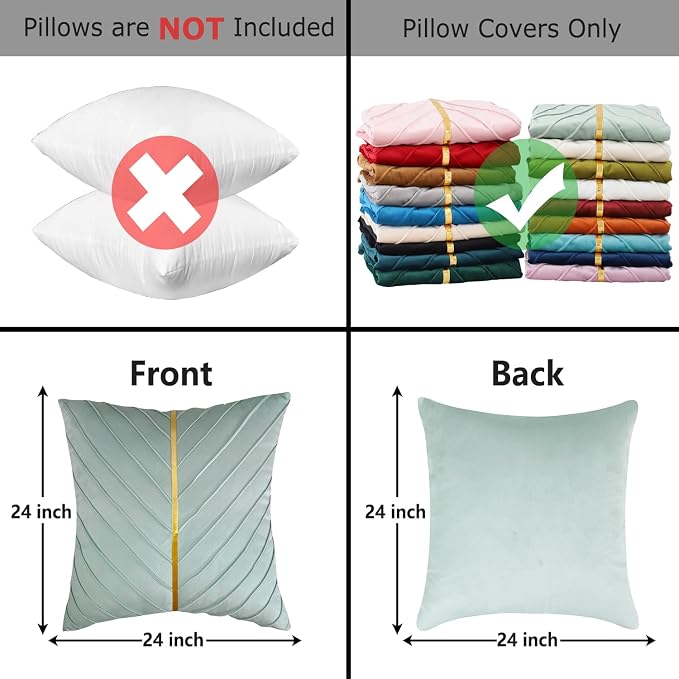 Velvet Throw Pillow Covers 24x24 Pack of 2 Gold Decor Mint Green | Soft Solid Pillow Covers,Modern Luxury Home Decor,for Couch Chair Sofa Bedroom Livingroom,Hidden Zipper,Ideal Gift,Easy Care