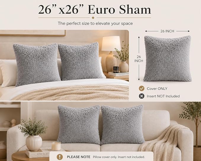 REAFORT Long Hair Faux Fur Euro Sham Cover 26"x26", Hidden Zipper (Grey) | Ultra-soft plush faux fur with a hidden zipper adds luxurious comfort and is machine washable for easy care.