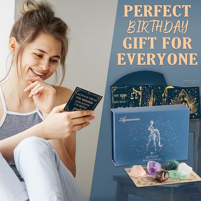 Faivykyd Aquarius Crystals Gift for Women - 6 Aquarius Zodiac Stones w/ 50 Miracle Mantras Affirmation Cards, Healing Astrology Gifts for Promoting Positive Energy, Self-Care & Love