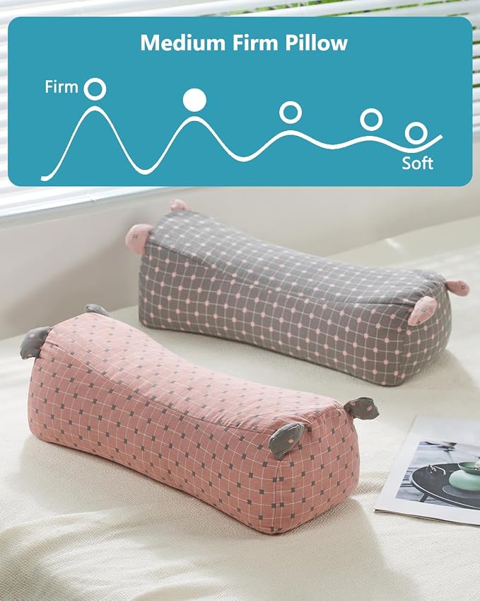 Adjustable Buckwheat Neck Roll Pillow,16.5"x6.3" Firm Cylinder Bolster for Lumbar Support, Pain Relief for Yoga Sleeping Recliner Use with Dot Plaid Pillowcase,Pink