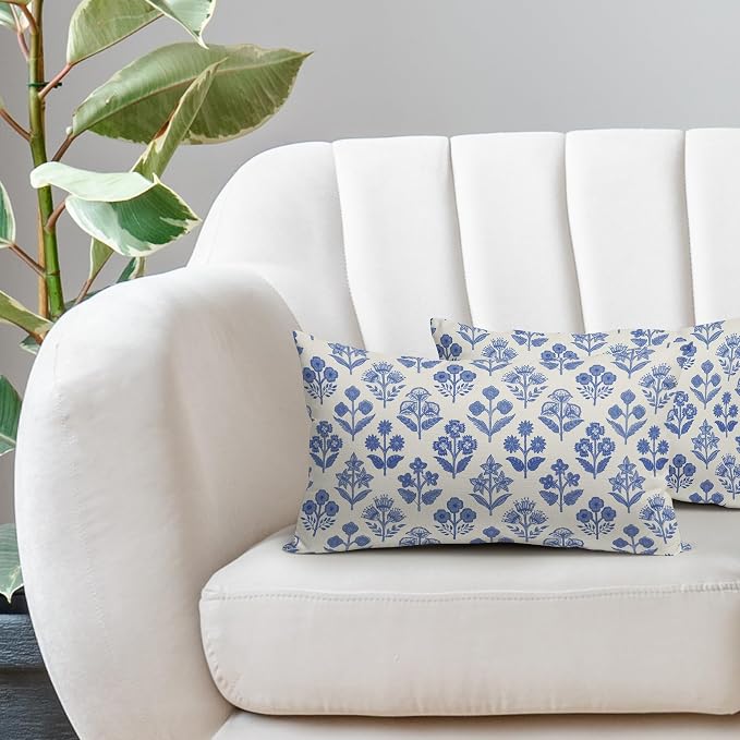 Blue Floral Pillow Covers 12x20 Inch Set of 2, Block Print Lumbar Flower Cream Decorative Throw Pillowcases Outdoor Farmhouse Rectangle Cushion Covers Spring Summer Sofa Couch Bed Decor