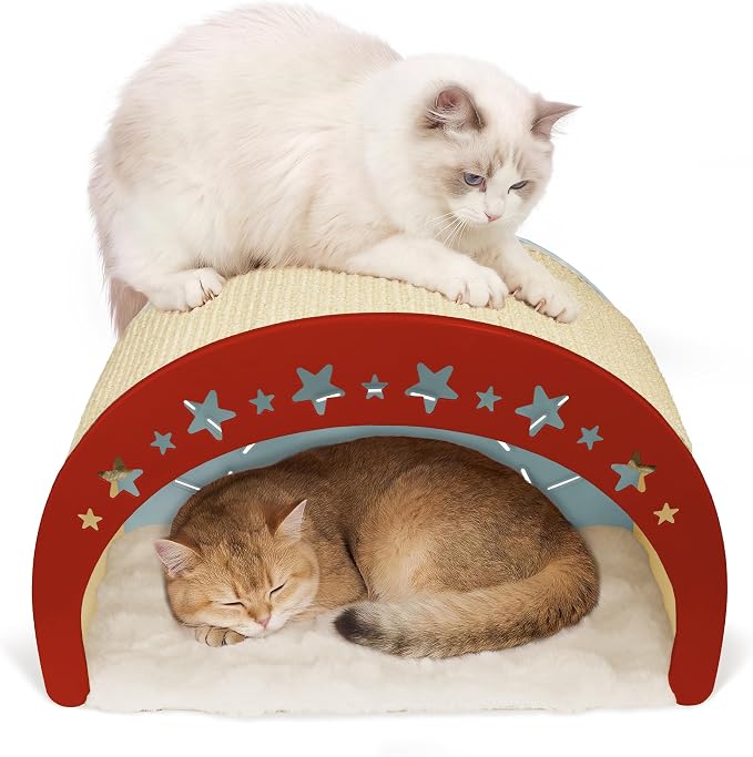 Cat Scratcher Bed, 3 in 1 Design-Bed, Scratcher, Hideaway Cave | with Elevated Sisal Pad & Reversible Fleece Mat,Sturdy HDPE Lounge for Indoor Cats, Tool-Free 30s Assembly, Supports 30 lbs