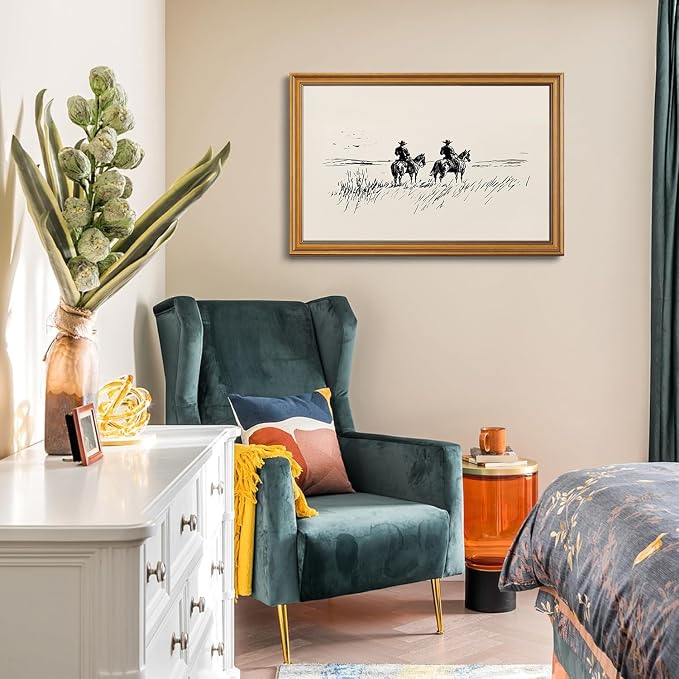 Western Cowboy Gold Framed Wall Art Minimalist Sketch Wall Decor Art | Vintage Horse Landscape Pictures Canvas Art Modern Southwest Framed Prints Artwork For Bedroom Bathroom Living Room