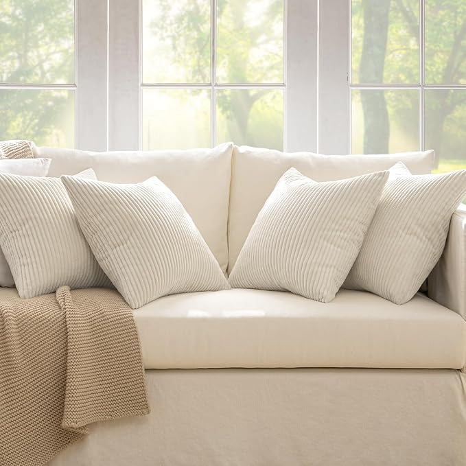 MIULEE Soft Corduroy Decorative Throw Pillow Covers Cream White 18x18 | Set of 4, Mordern Nordic Home Decor, All Same Color Set, Boho Farmhouse Cushion Covers for Couch Bed Sofa Living Room