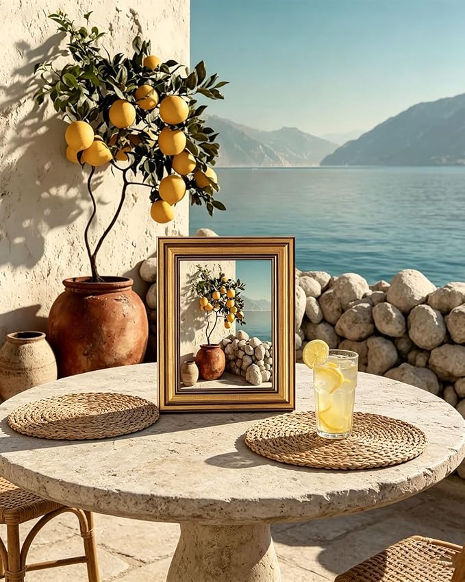 Gold Framed Wall Art, Vintage Mediterranean Lemon Tree Canvas Prints, Coastal Summer Picture Wall Decor, Rustic Italian Landscape Artwork for Kitchen, Living Room, Dining Room 12x16 inch