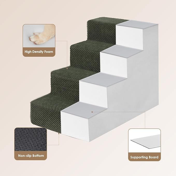 EHEYCIGA Dog Stairs for Bed 18" H, 4-Step Extra Wide Dog Steps for High Bed, Pet Steps for Small Dogs and Cats, Non-Slip Balanced Pet Ramp Indoor, Military Green