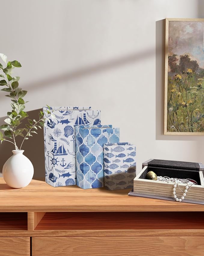 Decorative Wooden Book Box Set of 3 - Vintage Faux Book Boxes for Home Decor, Secret Storage with Magnetic Closure, Antique Style, Nautical Theme Leather Cover, Perfect for Home Office Bookshelf