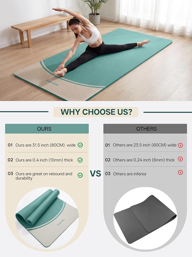 EaseUp Extra Thick Yoga Mat -2/5 inch (10MM), 72.8x31.5" Extra Long-Wide, Professional TPE Non-slip yoga mats for Yoga,Exercise, Workout,Pilates and Fitness, with strap