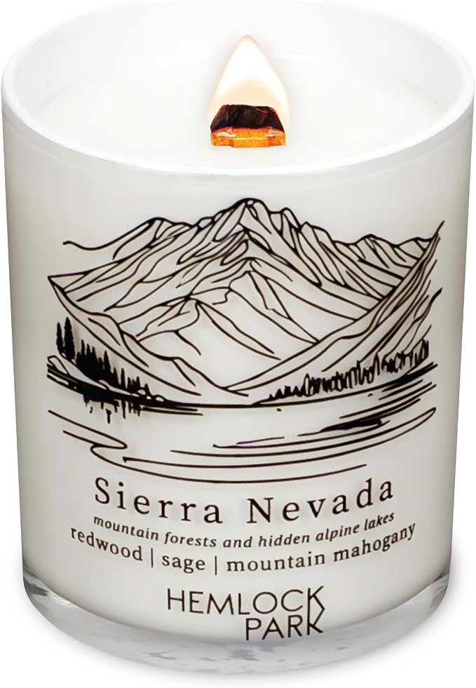 Hemlock Park Sierra Nevada Postcards Scented Candle | Crackling Wood Wick, Botanical Fragrance & Coconut Apricot Wax | Up to 50 Hour Burn Time | 7.2 oz | Made in USA