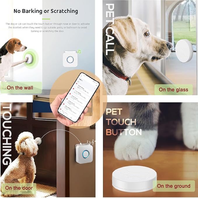Dog Door Bell for Potty Training, WiFi Doggie Door Bell,Smart Wireless Doggy Doorbell with Phone App,Waterproof Touch Button with Large Activate Range (1 WiFi Receiver 2button)