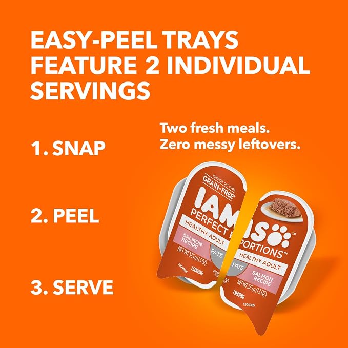 IAMS Perfect Portions Healthy Adult Pate Wet Cat Food, Salmon, 24 Count | Grain-free, 2.6 oz. twin-pack trays, Omega 6 & 3 for skin & coat, prebiotics & beet pulp, snap-peel-serve, no messy leftovers