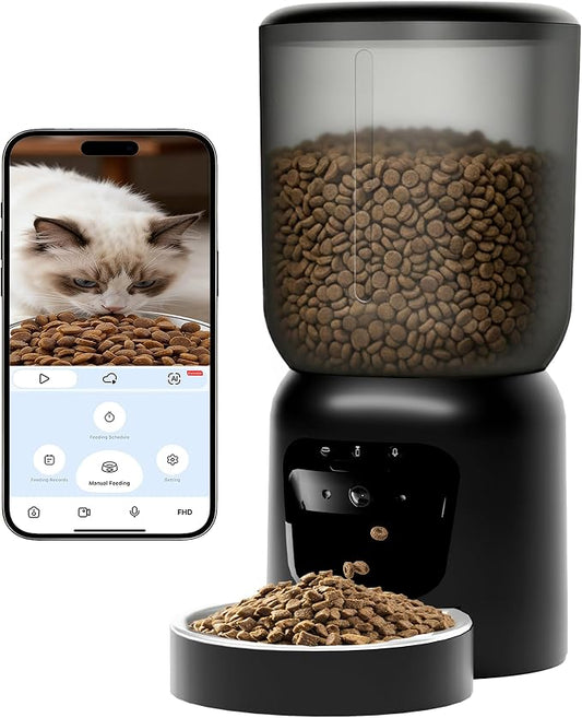 Automatic Cat Feeder with 2K Camera: Cat Food Dispenser with 6L Capacity, Container for Multiple Pet; Automatic Dog Feeder with Night Vision Support 5/2.4GHz & 2-Way Audio, Anti-Jam Design (Black)