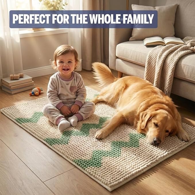 Muddy Mat® Super Absorbent Loop-Thread Chenille Dog Door Mat for Muddy Paws – Non-Slip, Machine Washable Indoor Entry Rug, Quick-Dry Pet Mat for Entryway – Green Chevron 19"x30"