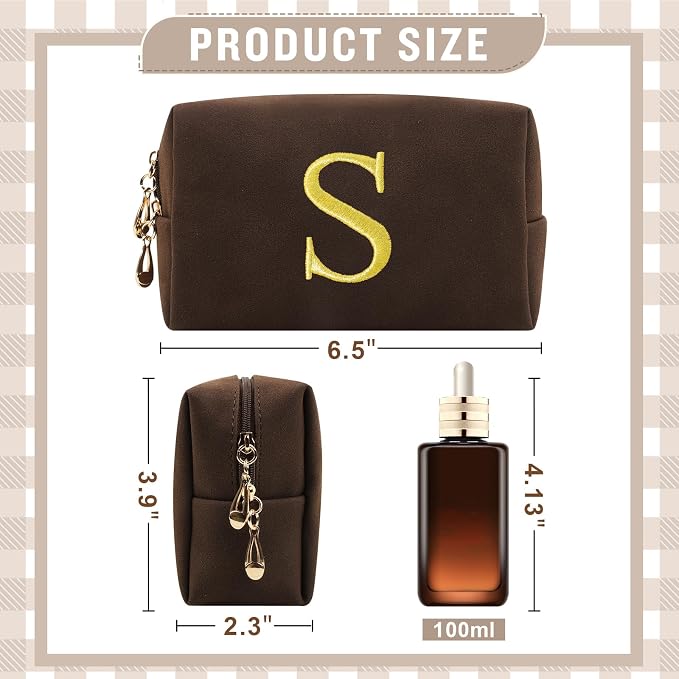Personalized Initial Makeup Bag,Preppy Suede Cosmetic Bag for Teen Girls,Small Monogram Travel Toiletry Bag With Gold Embroidered Letter,Trendy Stuff Custom Christmas Gift for Women(Coffee-S)