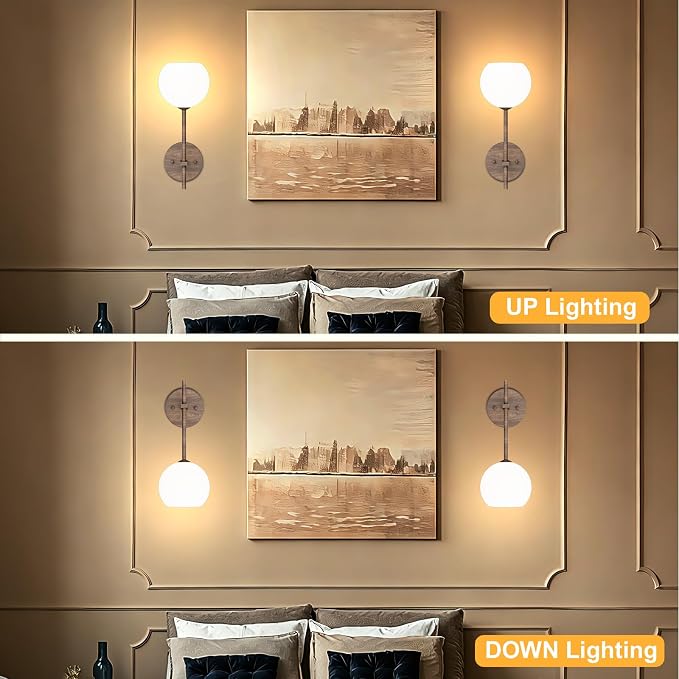 Walnut Grain Battery Operated Wall Sconces Set of 2, Rechargeable Wireless Wall Lights with Milky White Frosted Glass, 12 RGB and 3CCT Dimmable, Wall Lamps with Remote for Bedroom Living Room Hallway