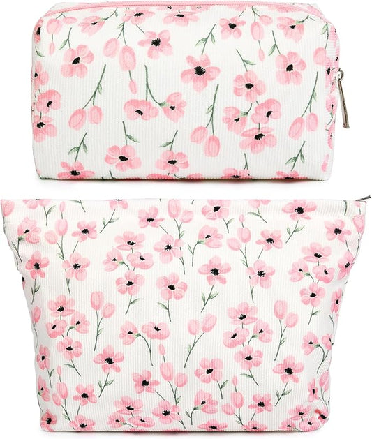 SOIDRAM 2 Pieces Flower Makeup Bag Large Floral Cosmetic Bag Capacity Canvas Mix Travel Toiletry Bag Organizer Cute Makeup Brushes Aesthetic Accessories Storage Bag for Women, Flower Mix Pink