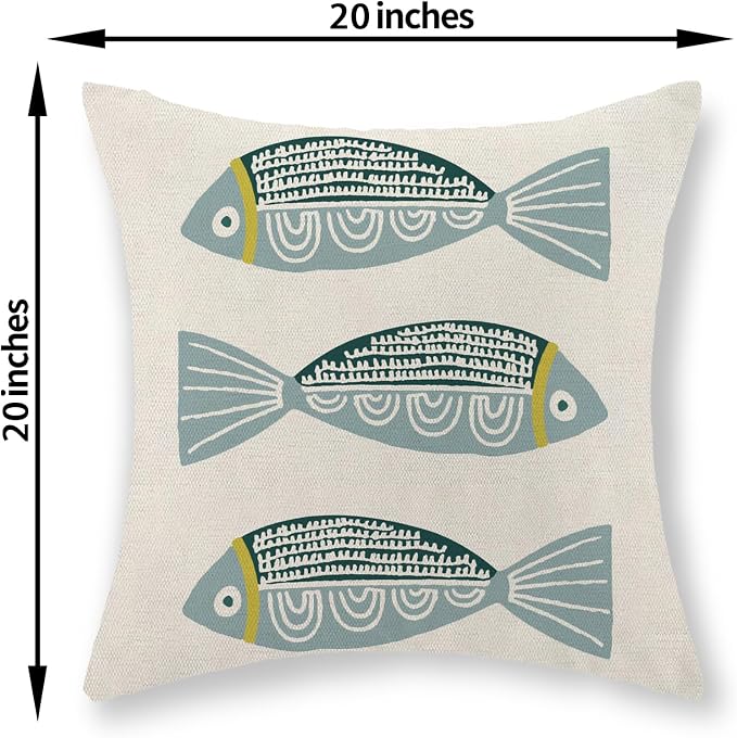Coastal Pillow Covers 20x20 Inch Set of 2 Ocean Beach Blue Fish Throw Pillows Summer Natical Outdoor Decorative Pillow Cases Linen Farmhouse Cushion Cover for Couch Home Sofa Bedroom Decor
