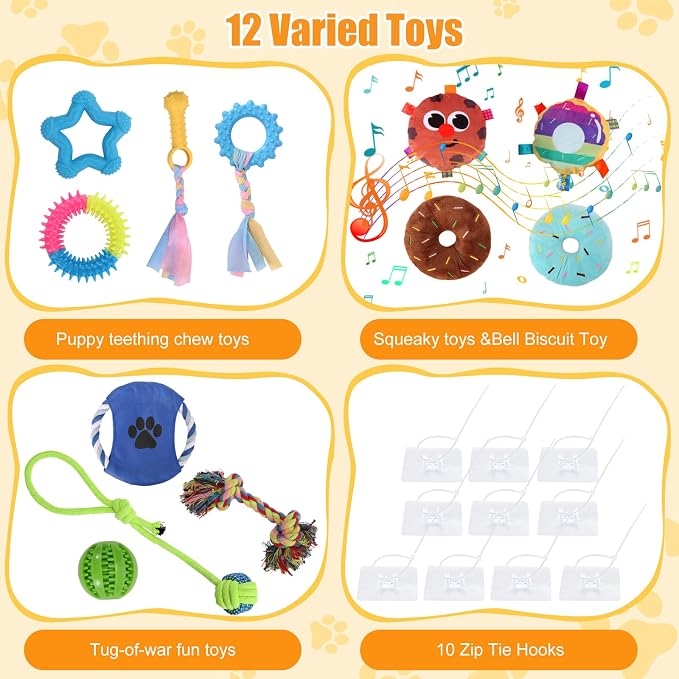 Puppy Play Gym with 12 Toys, Removable Dog Enrichment Playground, Interactive Indoor Training Activity Center for Small Dogs & Puppies, Teething & with Squeaky Toys, Fixable, 12 Toys