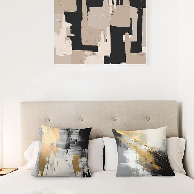White Black and Gold Pillow Covers 18x18 Set of 2, Modern Black and White Pillow Covers for Couch Bed Living Room