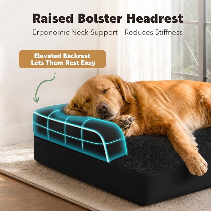 Orthopedic XL Dog Bed with Bolster for Extra Large Size Dogs | Pillow Support for Neck Relief, Egg Crate Foam, Skin-Friendly Surface, Waterproof Liner, Anti-Slip Bottom, 42 x 30 Inch