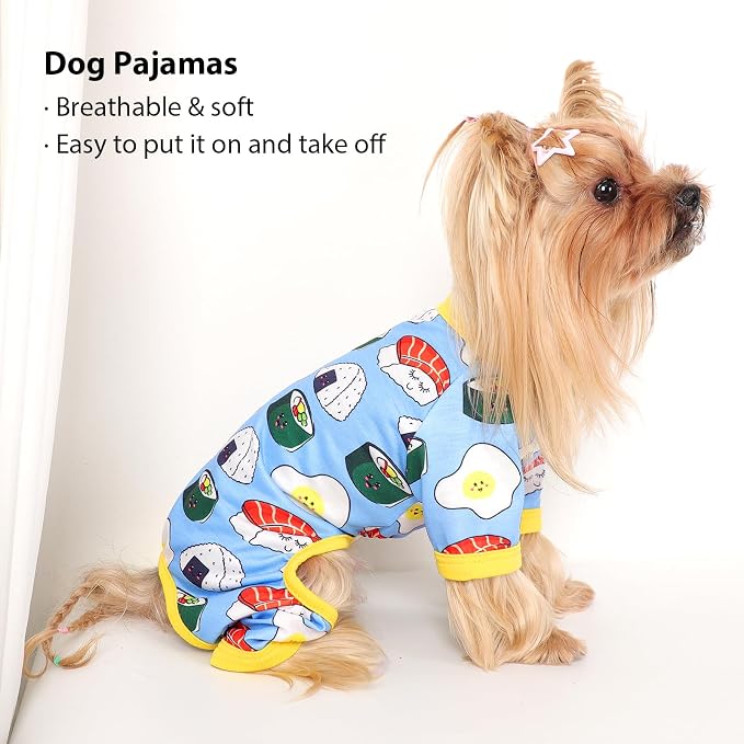 DaFuEn Dog Pajamas for Small Dogs, Soft Stretchy 4 Legs Puppy Jumpsuit, All Season Cozy Pet PJs for Chihuahua Yorkie Teacup Dogs, Cat Clothes (Blue Bread, S)