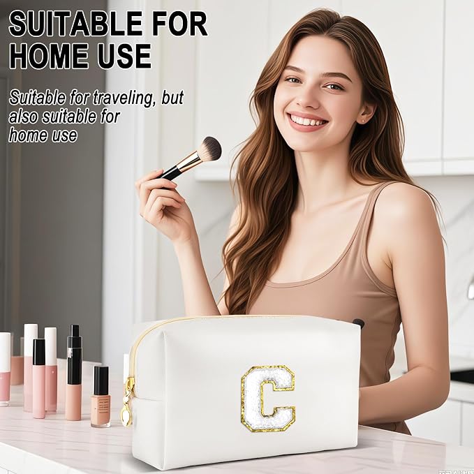 URSKYTOUS Gifts for Girls Initial Makeup Bag Personalized Cosmetic Bag with Zipper Cute Travel Toiletry Bags Waterproof PU Preppy Makeup Pouch Birthday Gift for Teen Girls Women(White C)