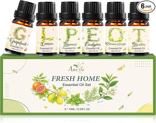 Auelife Essential Oils for Diffusers for Home, 6 Pack Fresh Scented Oil Set | Aromatherapy Gift with Grapefruit, Lemon, Peppermint, Eucalyptus, Blossom & Orange, Tea Tree for Home, Candle Making