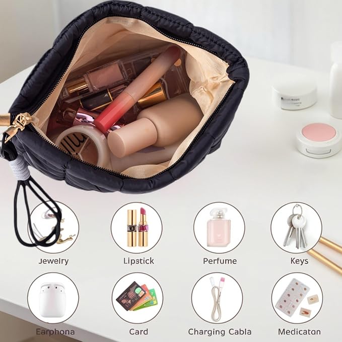 Black Puffer Quilted Makeup Bag for Women with Furry Keychains - 10" Roomy Puffy Cosmetic Pouch, Travel Toiletry Organizer Bag (BK-Fu-BK)