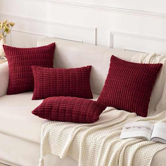 MIULEE Lumbar Corduroy Decorative Throw Pillow Covers 12x20 Burgundy | Pack of 2 Soft Boho Striped Pillow Covers Modern Farmhouse Home Decor For Sofa Living Room Couch Bed