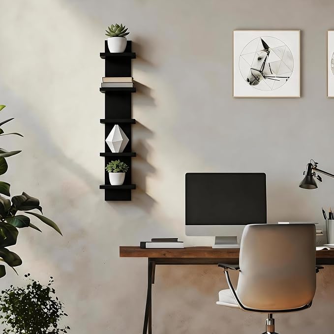 Small 5 Tier Wall Shelves, Black | Vertical Wall Decor Mount, Floating Shelves, Lack Shelf For Bedrooms, Living Rooms, Bathroom, Dressing Room and Entryway