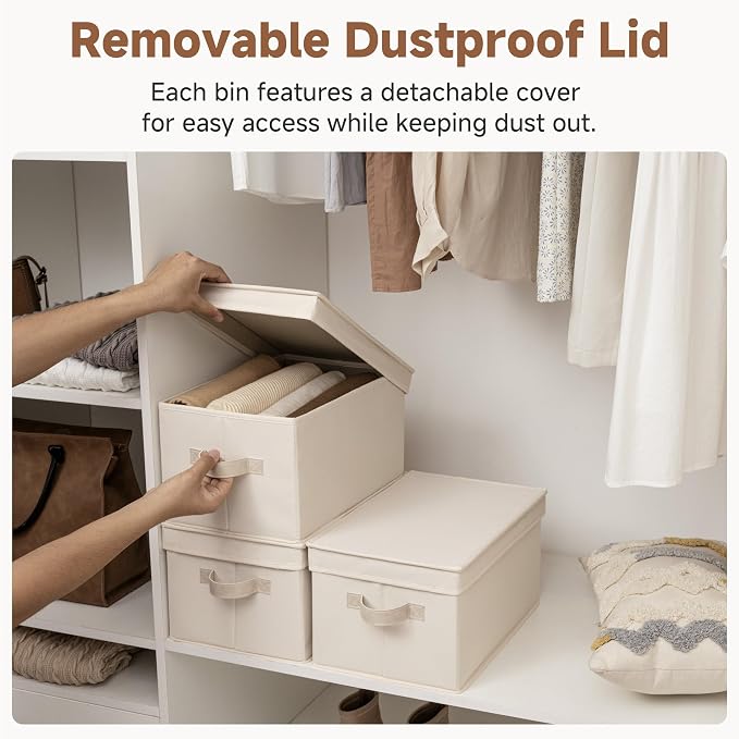 StorageWorks Storage Bins with Lids, Storage Basket with Lid, Closet Bins | Lidded Dust-proof, Easy Pull Handles, Foldable, Stackable, Ideal for Clothes Blanket Towel, Large, Cream White, 3-Pack