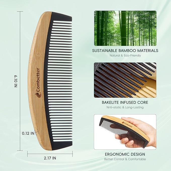 Combetter Bamboo Comb for Detangling, Anti Static Fine Tooth Comb for Thick, Thin, Fine, Short, Long Hair, Durable Bakelite Infused Hair Comb for Women - Birthing & Labor Tool